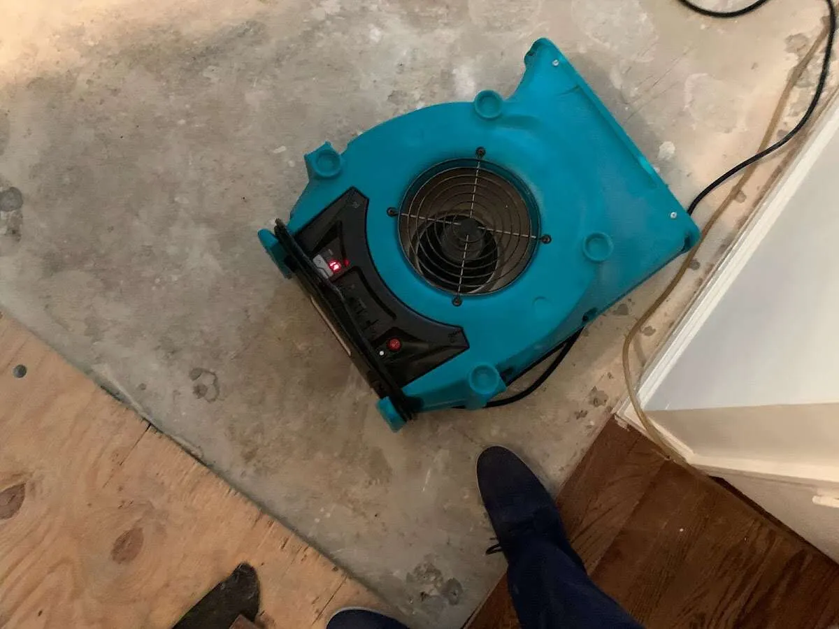 Air mover drying subfloor during Leak Detection & Repair in Vero Lake Estates